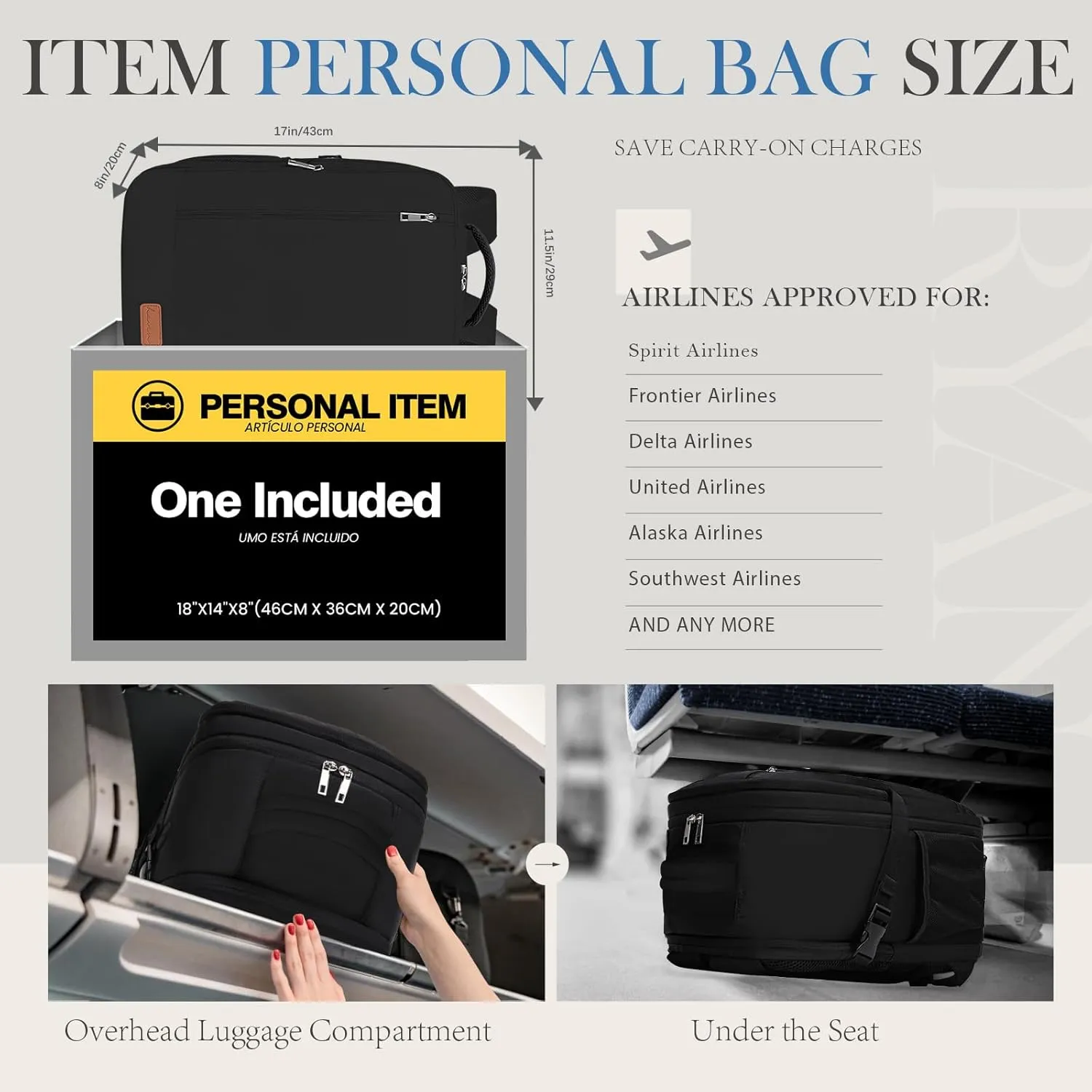 for Spirit Airlines Personal Item Bag 18x14x8 Inches Frontier Airlines Personal Item Bag Travel Backpack Carry on Flight Approved Carry on Backpack for Traveling on Airplane