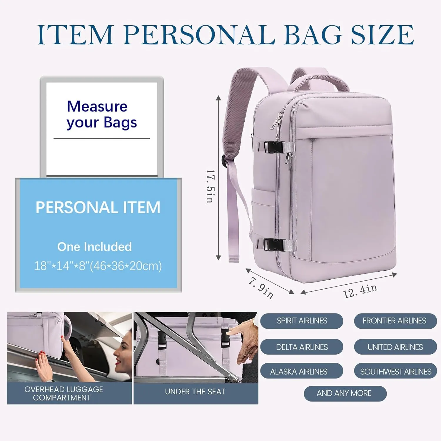 for Spirit Airlines Personal Item Bag 18x14x8 Inches Travel Bag Mens Travel Backpack for Women Fit Up to 17 inch laptop Backpack With Usb Charging Port Carry on Flight Approved