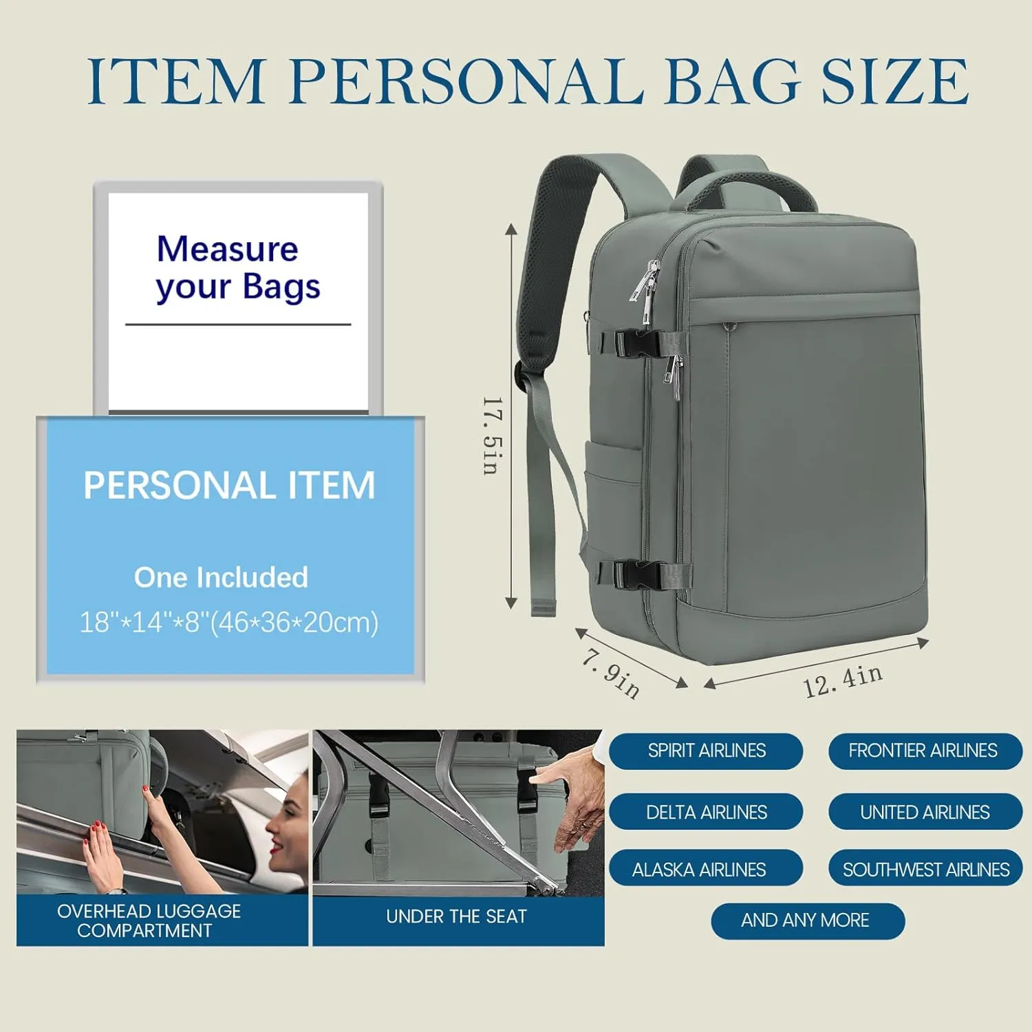 for Spirit Airlines Personal Item Bag 18x14x8 Inches Travel Bag Mens Travel Backpack for Women Fit Up to 17 inch laptop Backpack With Usb Charging Port Carry on Flight Approved