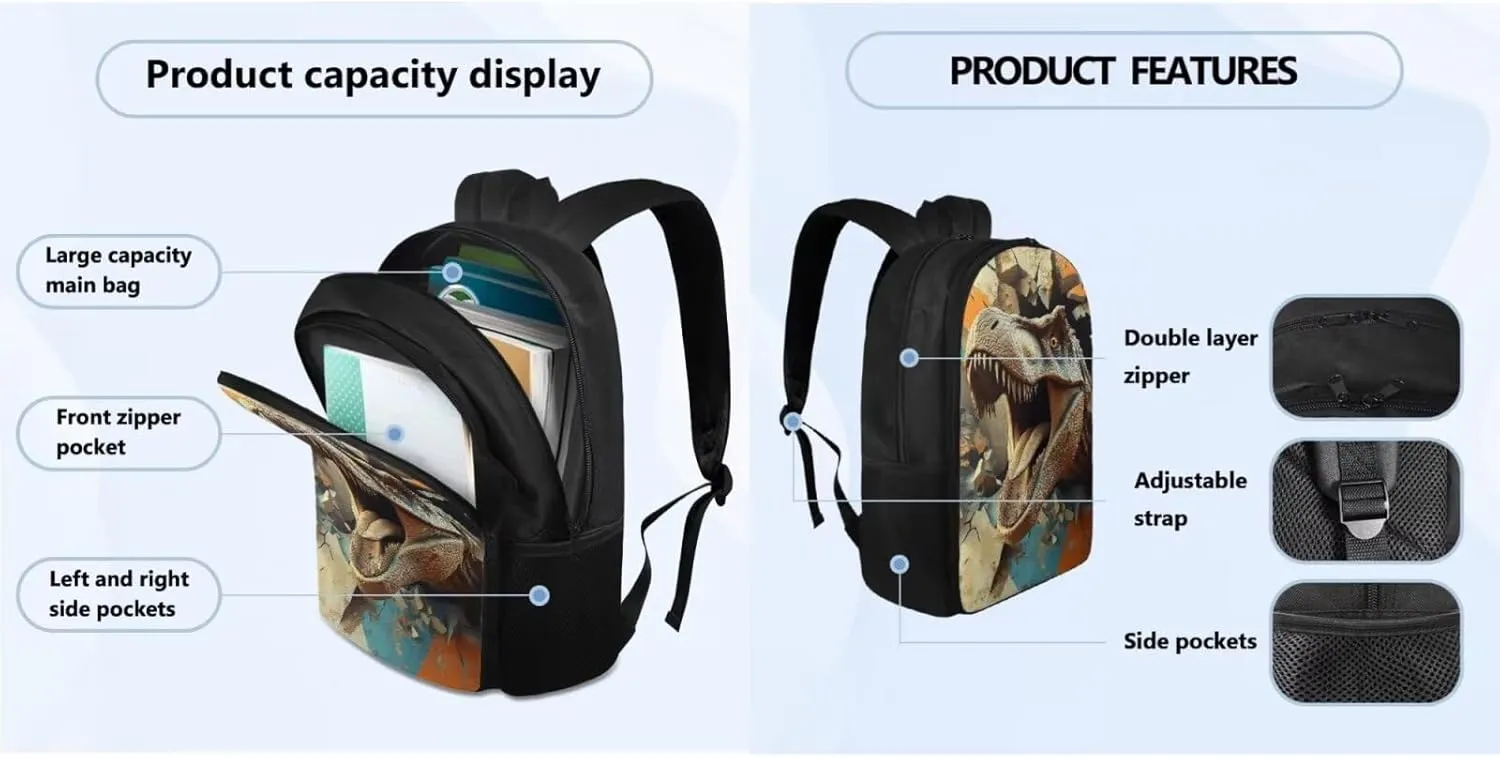 FOR U DESIGNS Dinosaur Backpack and Lunch Box Set Large Capacity 17 Inch Boy Bookbag Ages 6-8 Lightweight First Grade School Bag with Water Bottle Holder