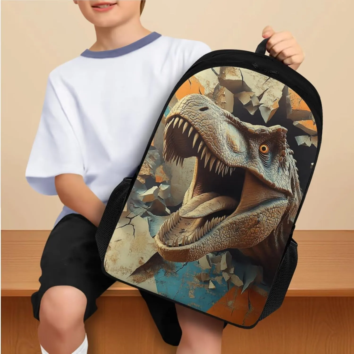 FOR U DESIGNS Dinosaur Backpack and Lunch Box Set Large Capacity 17 Inch Boy Bookbag Ages 6-8 Lightweight First Grade School Bag with Water Bottle Holder