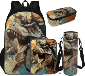 FOR U DESIGNS Dinosaur Backpack and Lunch Box Set Large Capacity 17 Inch Boy Bookbag Ages 6-8 Lightweight First Grade School Bag with Water Bottle Holder