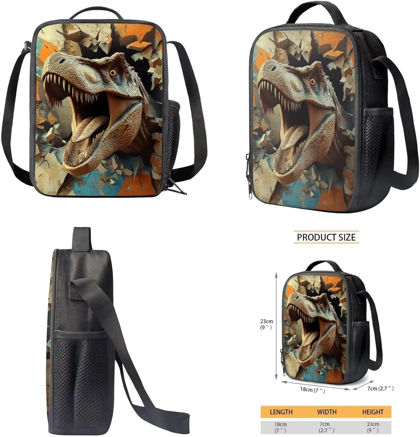 FOR U DESIGNS Dinosaur Backpack and Lunch Box Set Large Capacity 17 Inch Boy Bookbag Ages 6-8 Lightweight First Grade School Bag with Water Bottle Holder