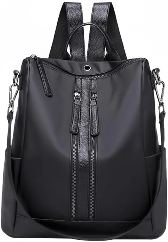 FRCOLOR Women Multi Function Nylon Backpack with Theft Design and Headphone Jack Casual School Shoulder Bag for Students and Office Ladies Black