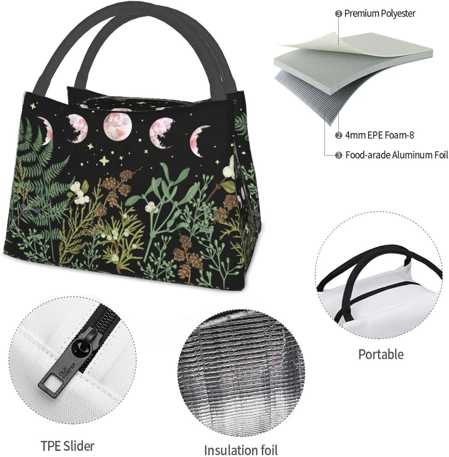 FREEHOTU Pine Forest Green Witch Moon Pattern Insulated Lunch Bags For Women Men, Reusable Lunch Cooler Bags Tote Box Meal Prep For Work Picnics Or Travel