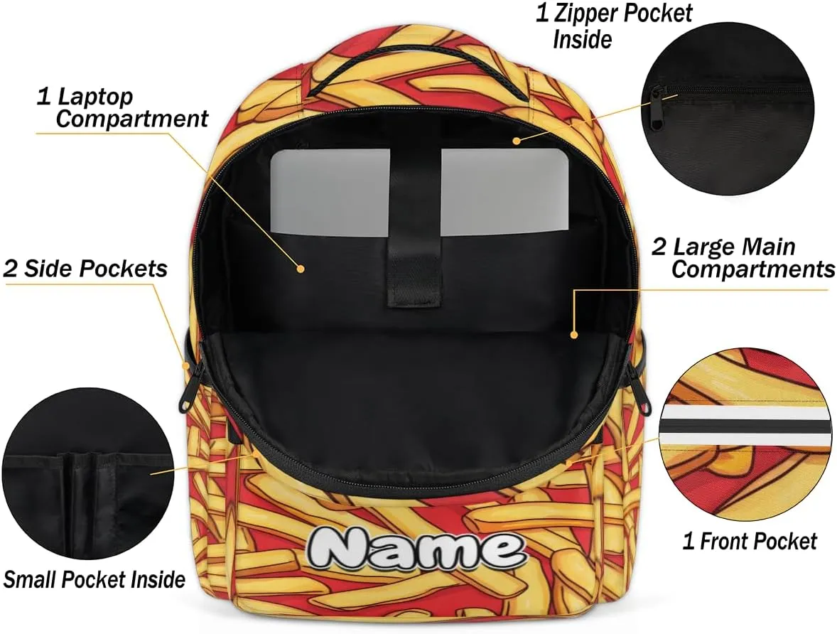French Fries Personalized Laptop Backpack with Name Custom Shoulder Bags for Women Men Waterproof Travel Casual Daypack Laptop Bag Gifts 16.1in