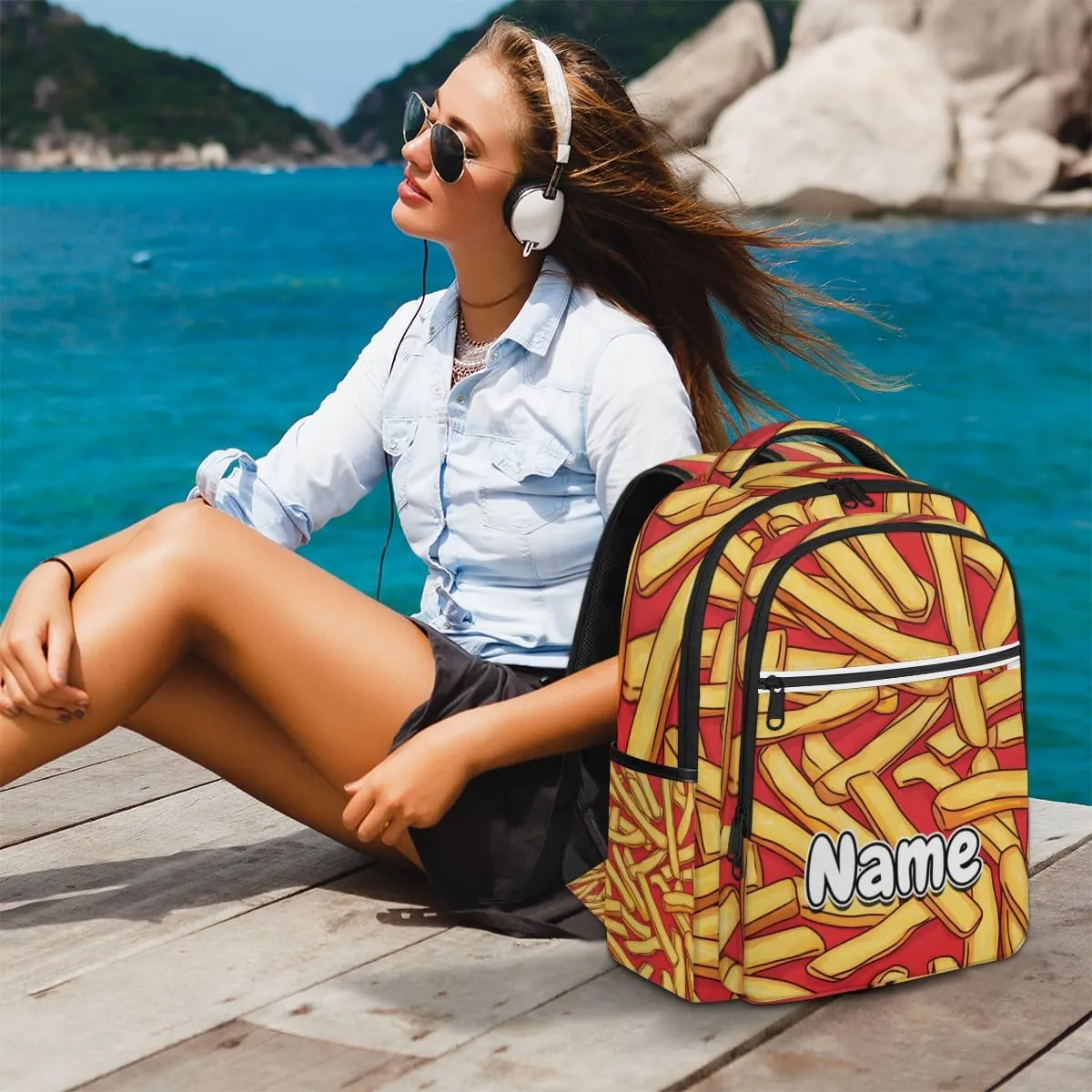 French Fries Personalized Laptop Backpack with Name Custom Shoulder Bags for Women Men Waterproof Travel Casual Daypack Laptop Bag Gifts 16.1in