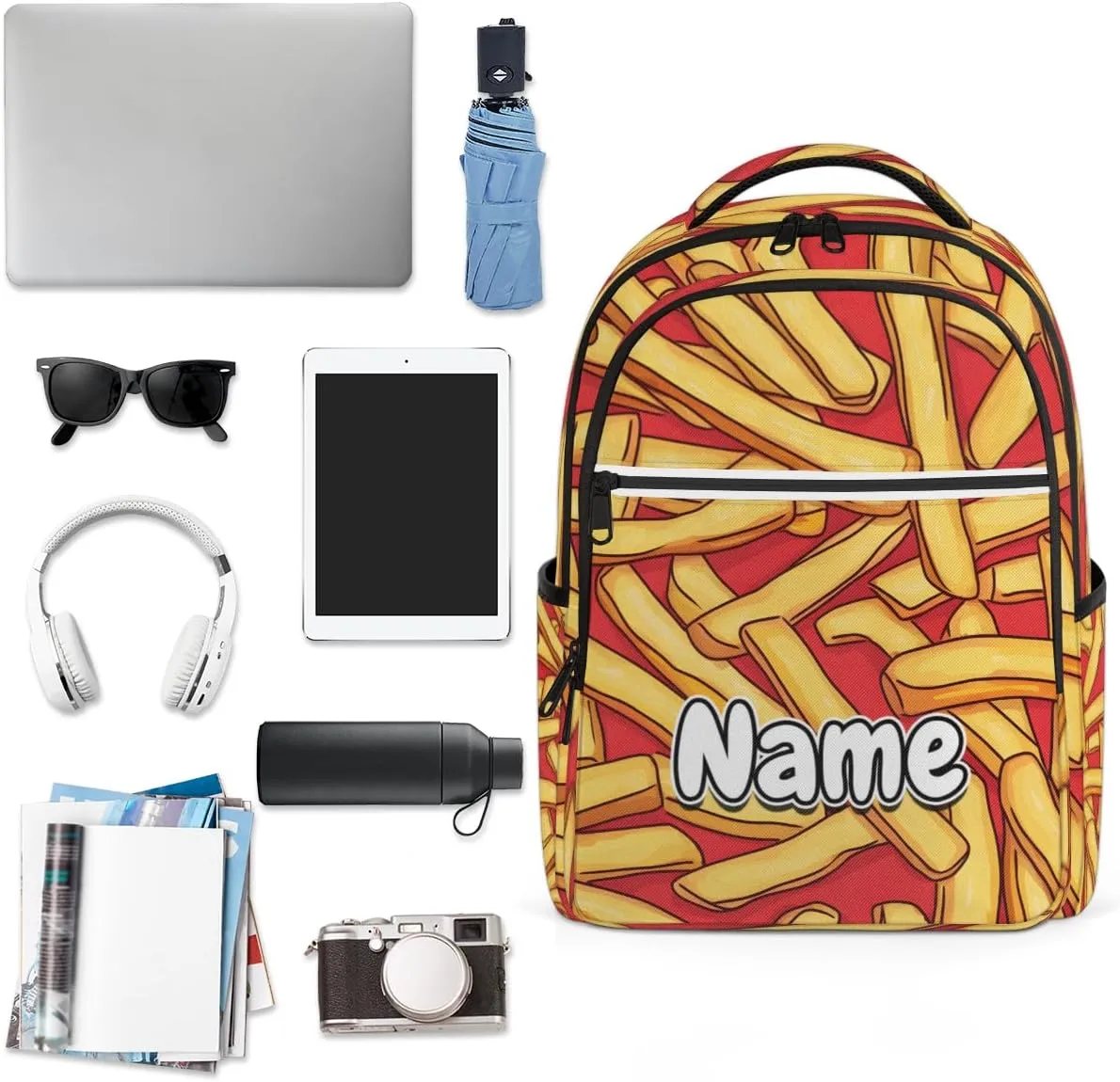 French Fries Personalized Laptop Backpack with Name Custom Shoulder Bags for Women Men Waterproof Travel Casual Daypack Laptop Bag Gifts 16.1in