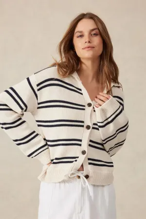 Funnel Neck Stripe Cardi Ecru Navy Stripe