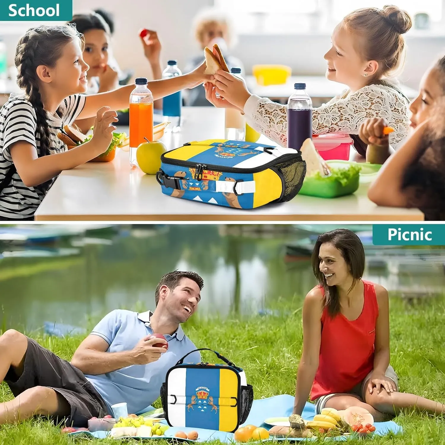 GAIGEO Canary Islands Flag Spanish Archipelago Lunch Box for Women Custom Girls Lunch Bag Kids Mens Lunchbox for Work Cute Flower Food Cooler Bag Insulated for Boys