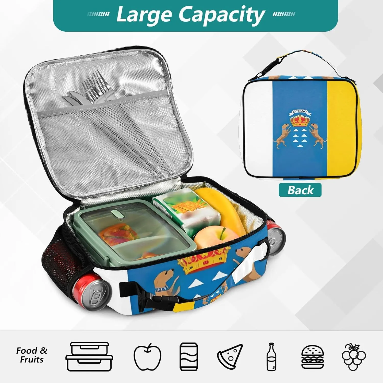 GAIGEO Canary Islands Flag Spanish Archipelago Lunch Box for Women Custom Girls Lunch Bag Kids Mens Lunchbox for Work Cute Flower Food Cooler Bag Insulated for Boys