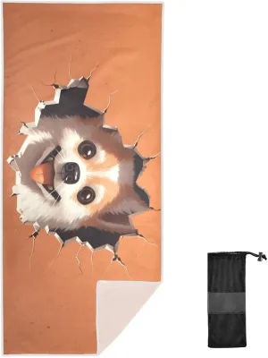 GAIGEO Cute Puppy Behind Orange Paper Quick Dry Beach Towel, Foldable Beach Towel with Storage Bag, Mens Women Beach Towel, Quick Dry Beach Towels for Travel, 30"x60"