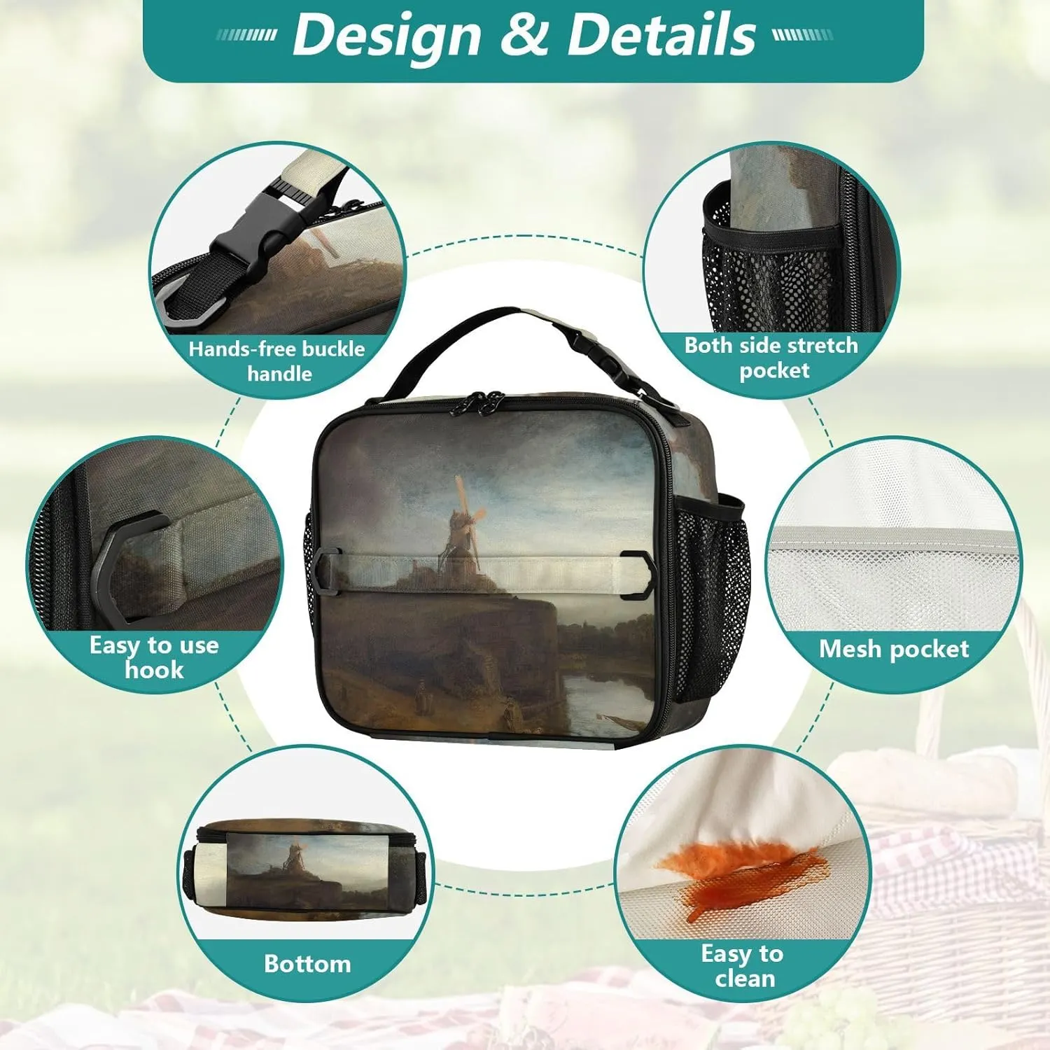 GAIGEO Rembrandt Mill Prints Lunch Box Girls Women Lunch Bag Kids Mens Lunchbox for Work Reusable Cooler Bag Insulated with Adjustable Shoulder Strap