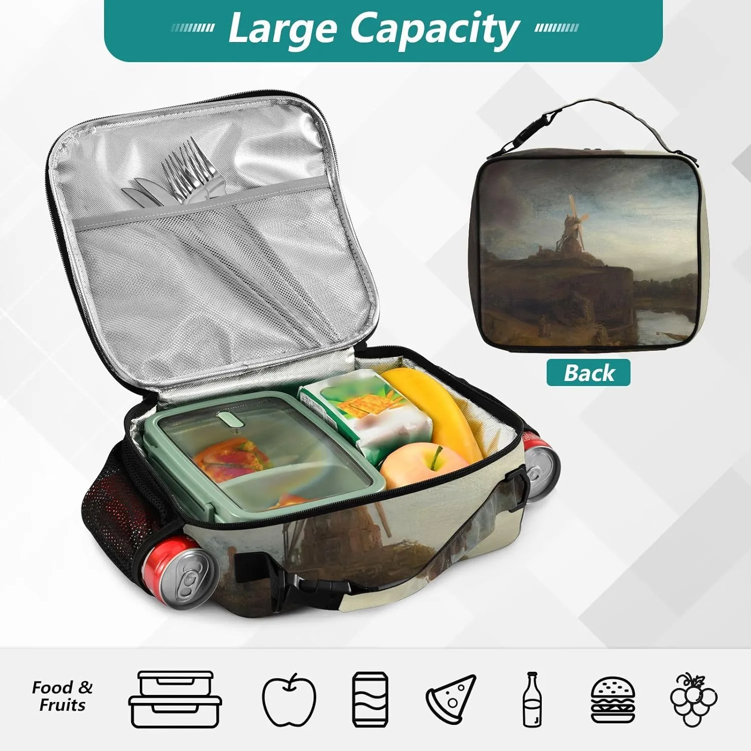 GAIGEO Rembrandt Mill Prints Lunch Box Girls Women Lunch Bag Kids Mens Lunchbox for Work Reusable Cooler Bag Insulated with Adjustable Shoulder Strap