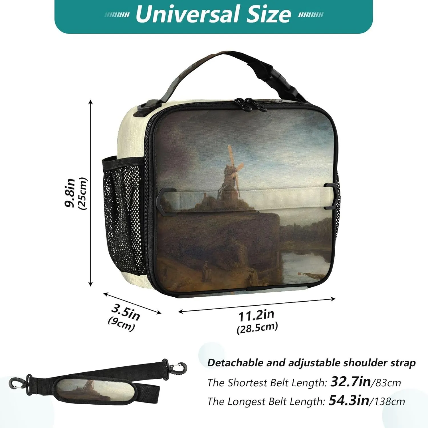 GAIGEO Rembrandt Mill Prints Lunch Box Girls Women Lunch Bag Kids Mens Lunchbox for Work Reusable Cooler Bag Insulated with Adjustable Shoulder Strap