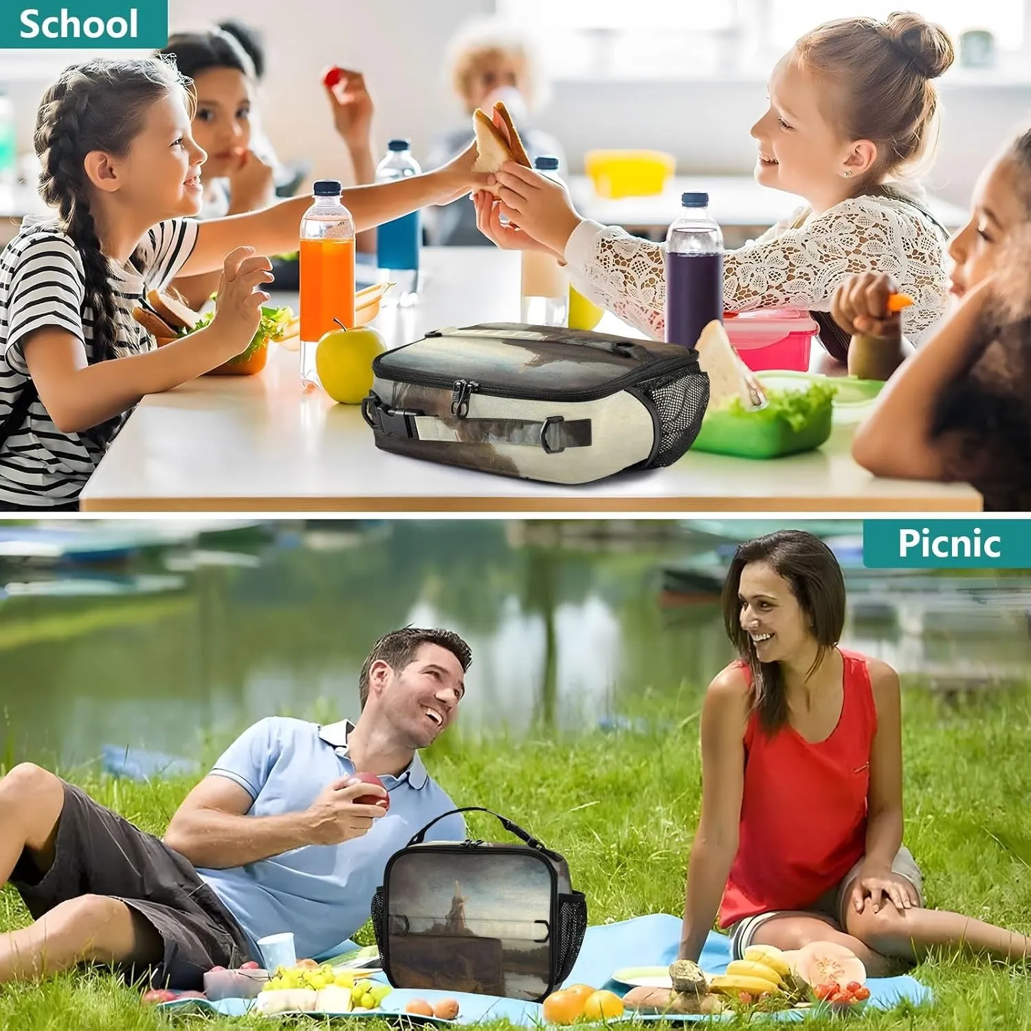 GAIGEO Rembrandt Mill Prints Lunch Box Girls Women Lunch Bag Kids Mens Lunchbox for Work Reusable Cooler Bag Insulated with Adjustable Shoulder Strap