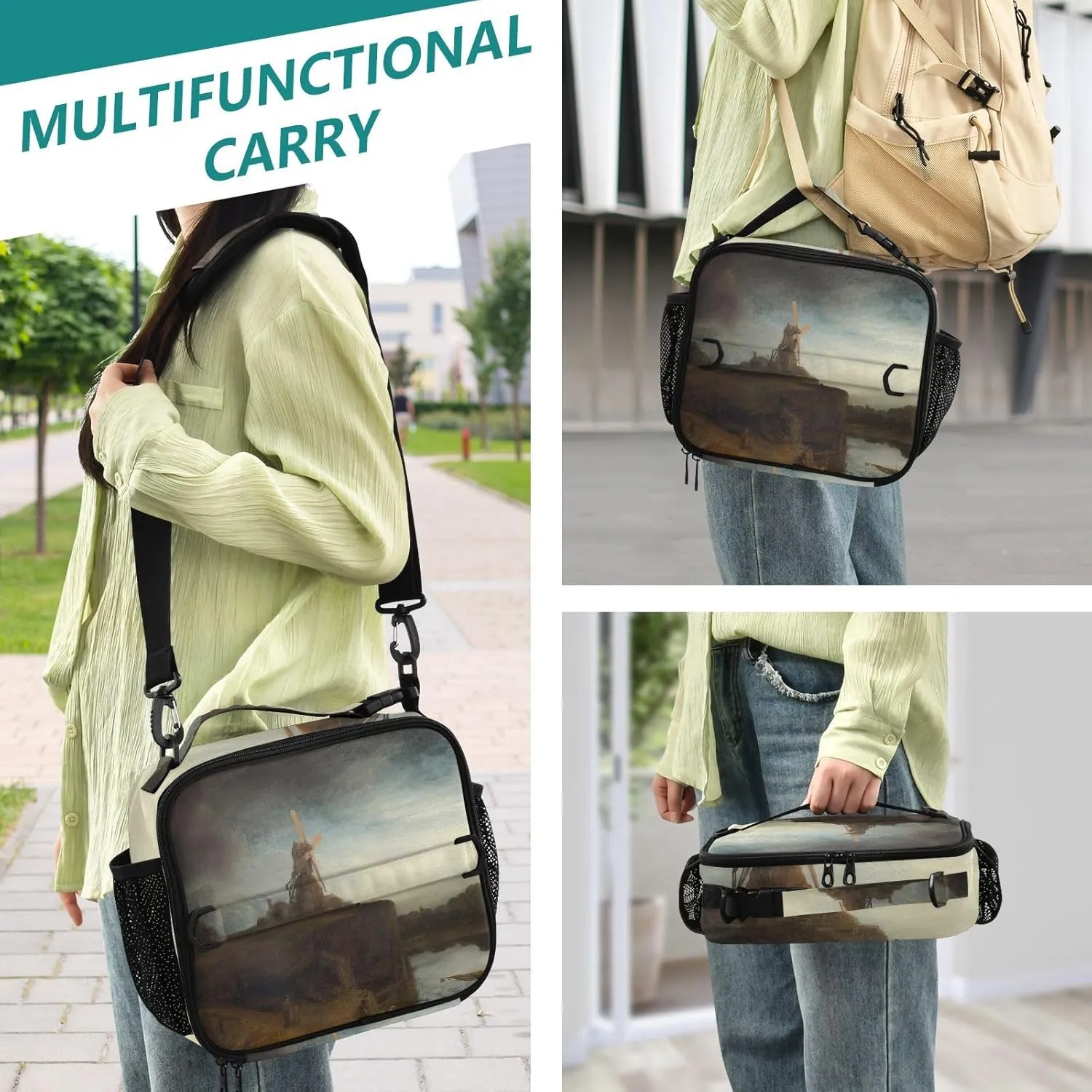 GAIGEO Rembrandt Mill Prints Lunch Box Girls Women Lunch Bag Kids Mens Lunchbox for Work Reusable Cooler Bag Insulated with Adjustable Shoulder Strap