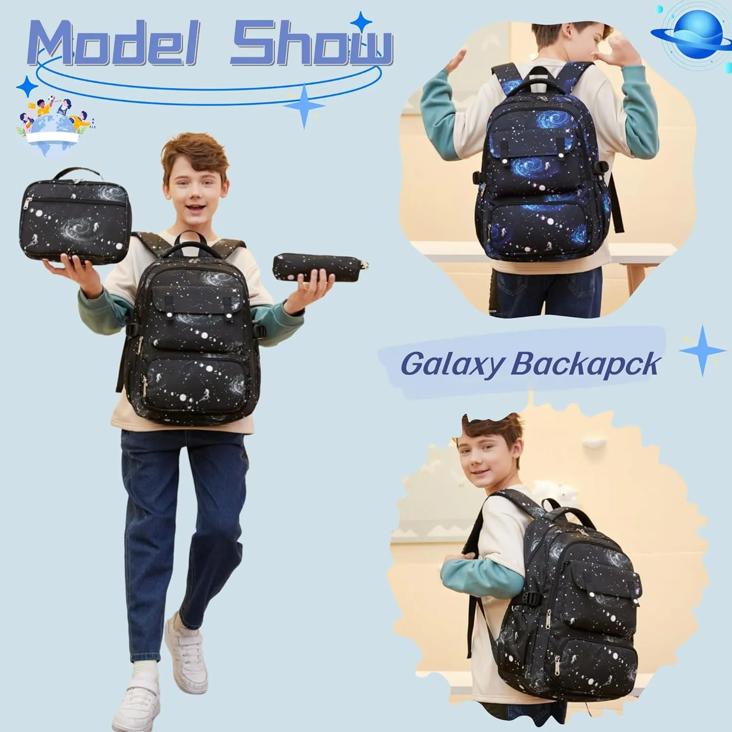 Galaxy-Print School-Bag Backpack for Boys Middle-School Elementary Bookbag