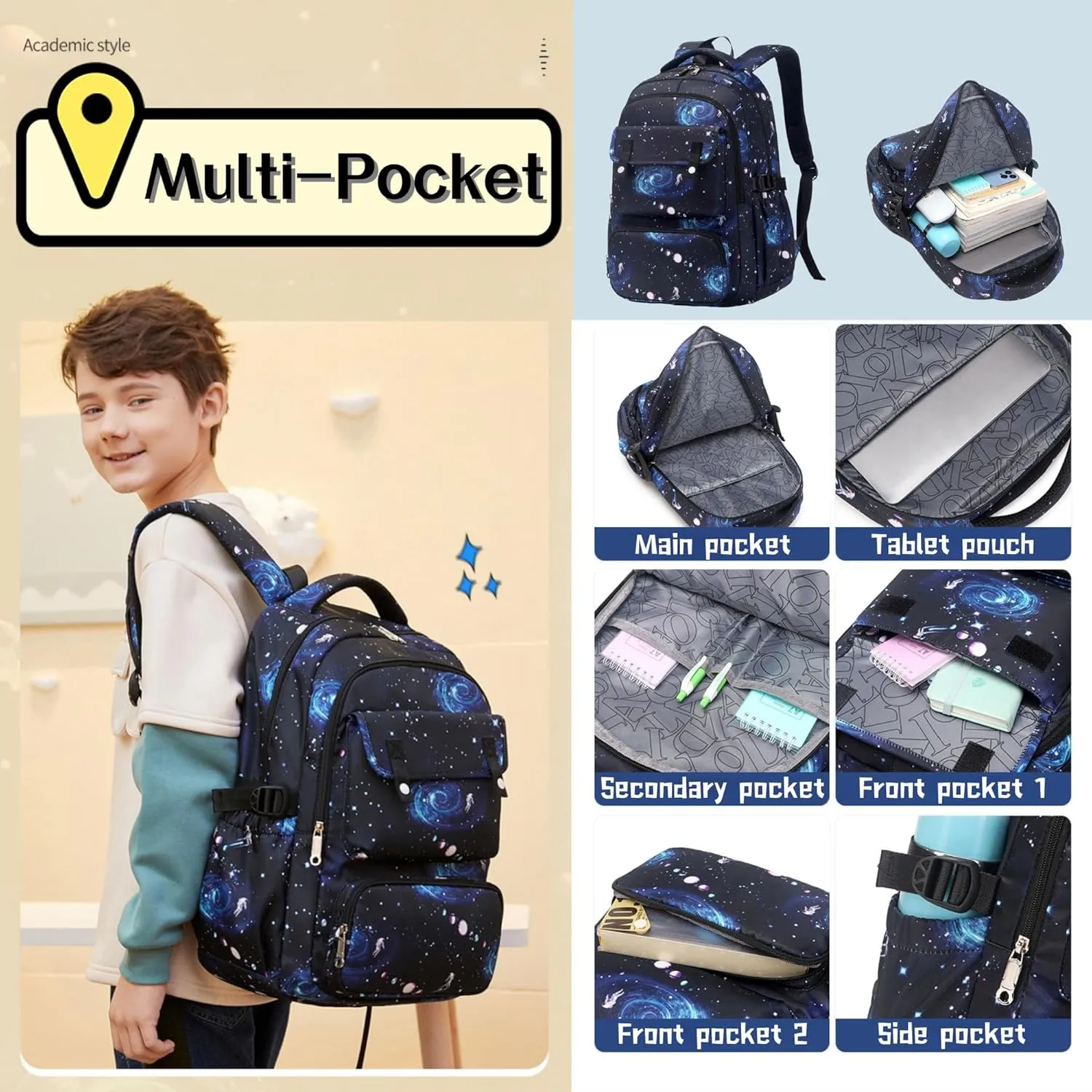 Galaxy-Print School-Bag Backpack for Boys Middle-School Elementary Bookbag