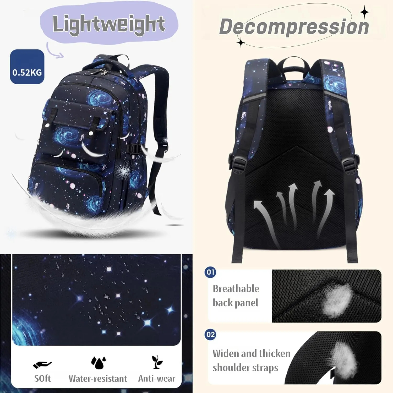Galaxy-Print School-Bag Backpack for Boys Middle-School Elementary Bookbag