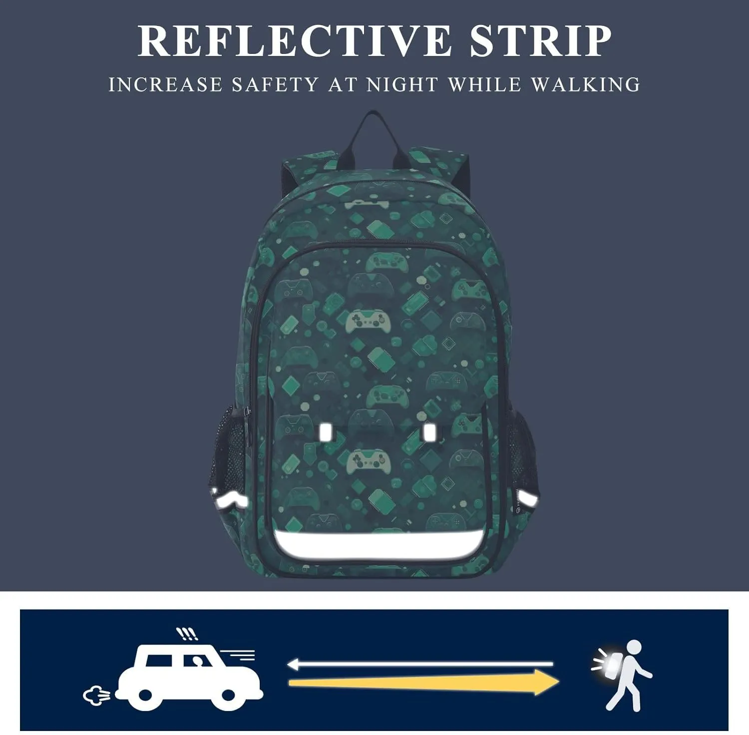 Gamepad Green Pattern Kids Backpack Large Capacity Bookbag with Reflective Schoolbag for Girls and Boys 20854659
