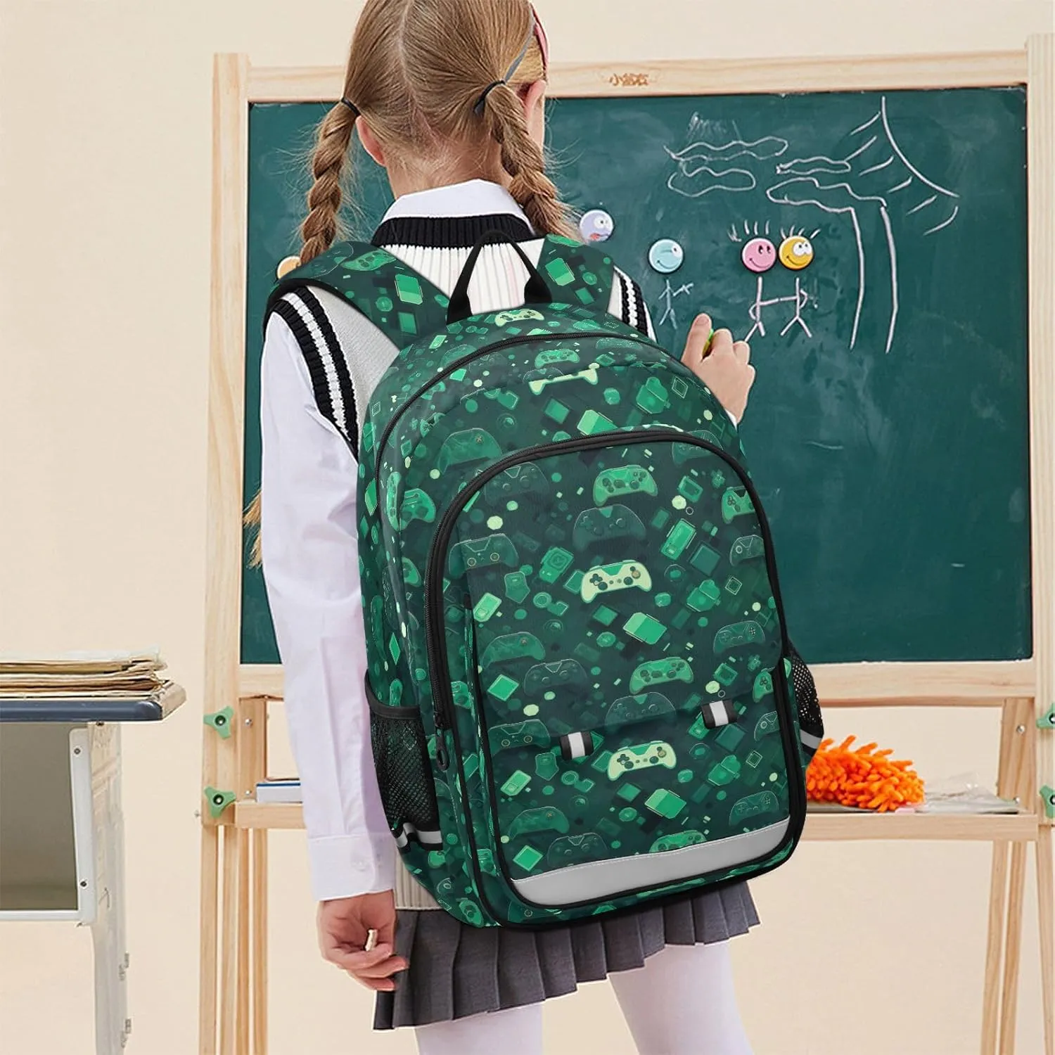Gamepad Green Pattern Kids Backpack Large Capacity Bookbag with Reflective Schoolbag for Girls and Boys 20854659