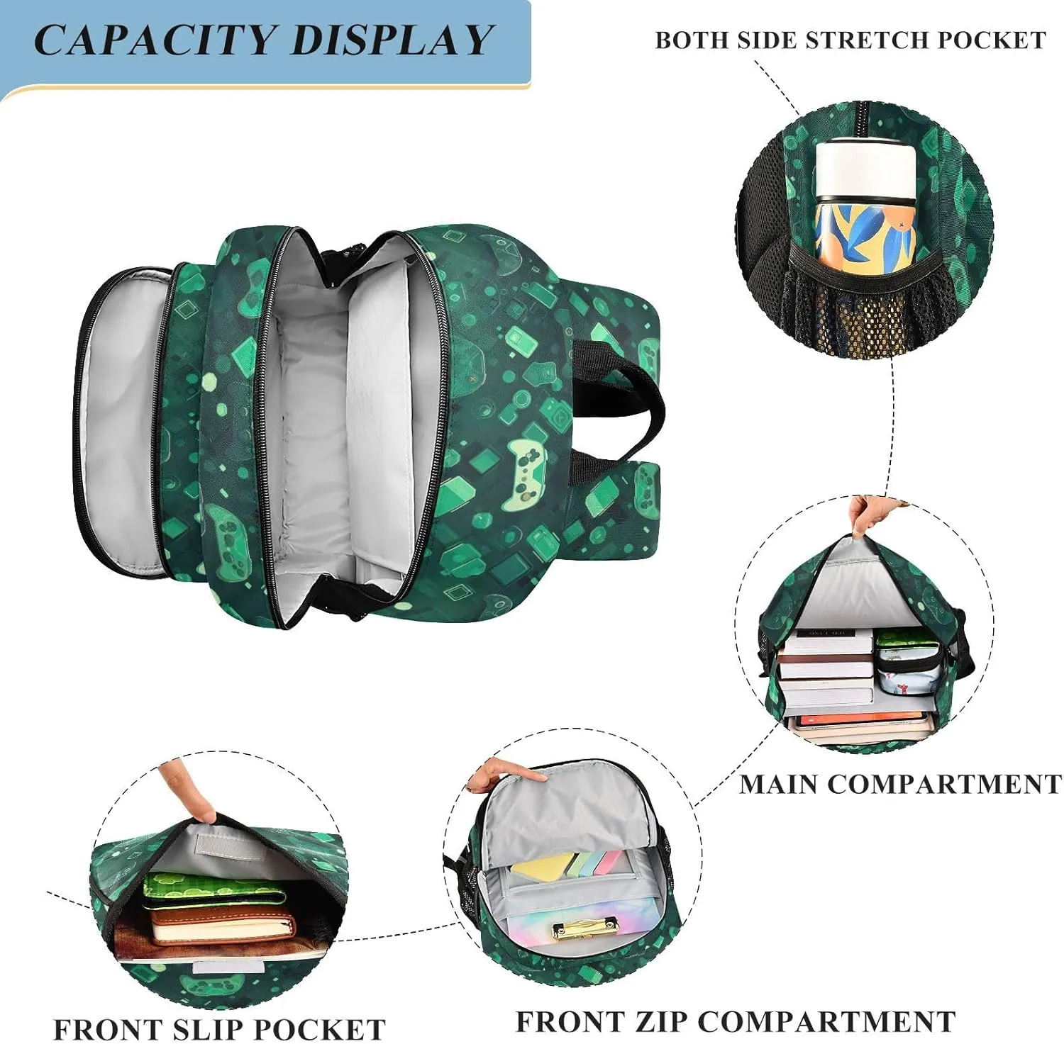 Gamepad Green Pattern Kids Backpack Large Capacity Bookbag with Reflective Schoolbag for Girls and Boys 20854659