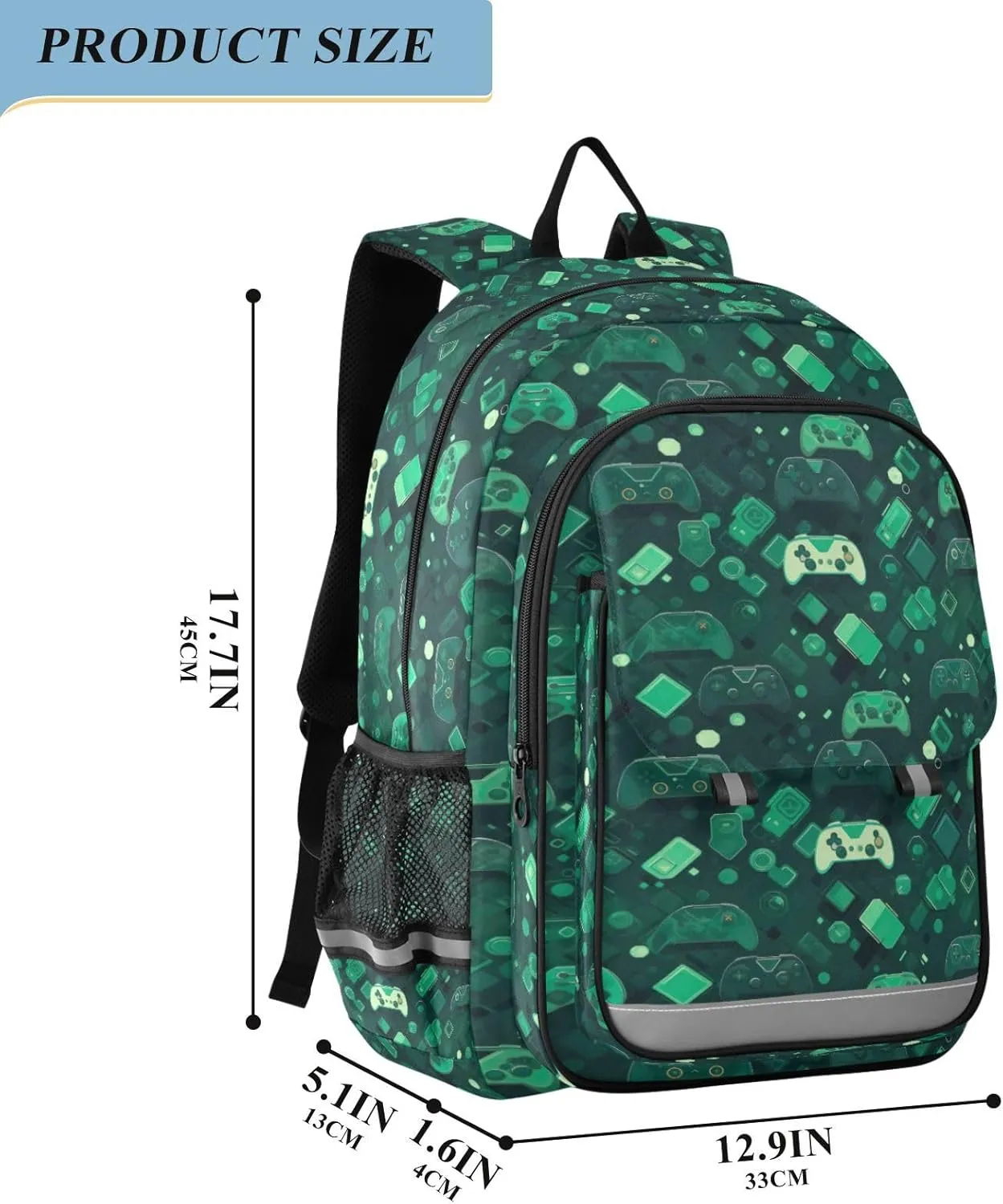 Gamepad Green Pattern Kids Backpack Large Capacity Bookbag with Reflective Schoolbag for Girls and Boys 20854659