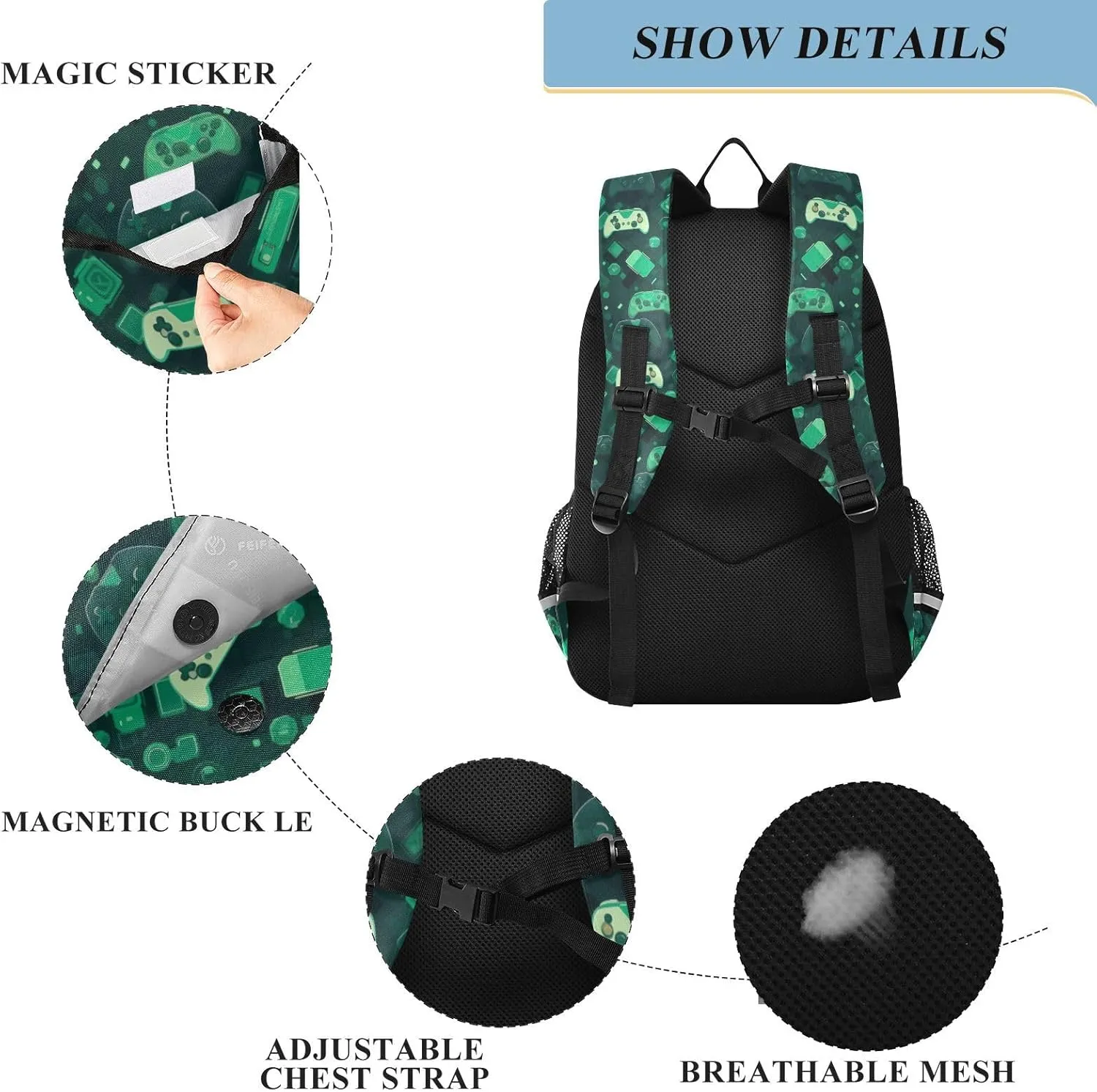Gamepad Green Pattern Kids Backpack Large Capacity Bookbag with Reflective Schoolbag for Girls and Boys 20854659