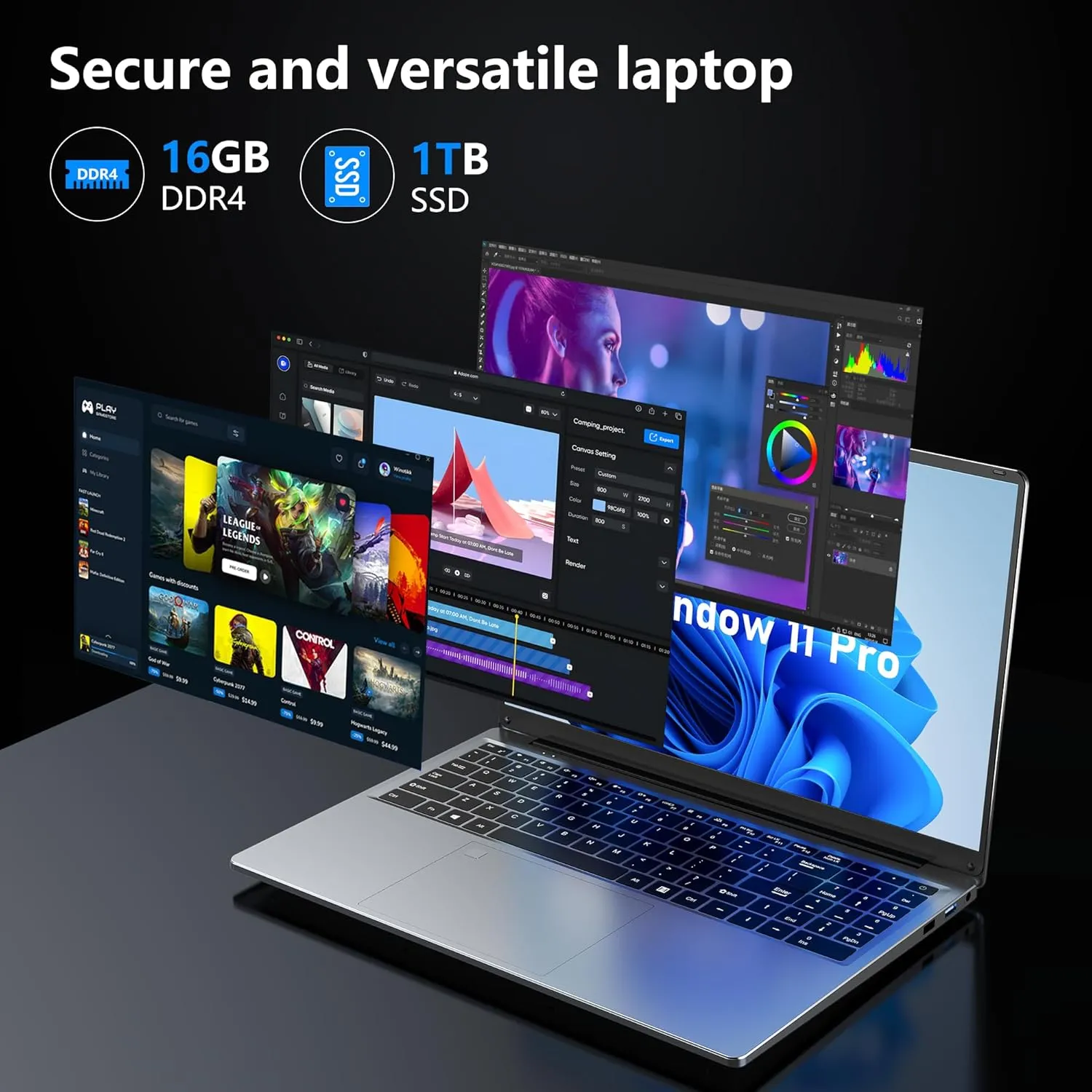 Gaming Laptop, 16 Inch FHD Display (1920 x 1200), N95 Laptop Computer (up to 3.4GHz), 16GB RAM 1TB SSD, Supports 180 Angle Opening, Bluetooth, Backlit Keyboard, Windows 11 Pro