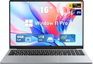 Gaming Laptop, 16 Inch FHD Display (1920 x 1200), N95 Laptop Computer (up to 3.4GHz), 16GB RAM 1TB SSD, Supports 180 Angle Opening, Bluetooth, Backlit Keyboard, Windows 11 Pro