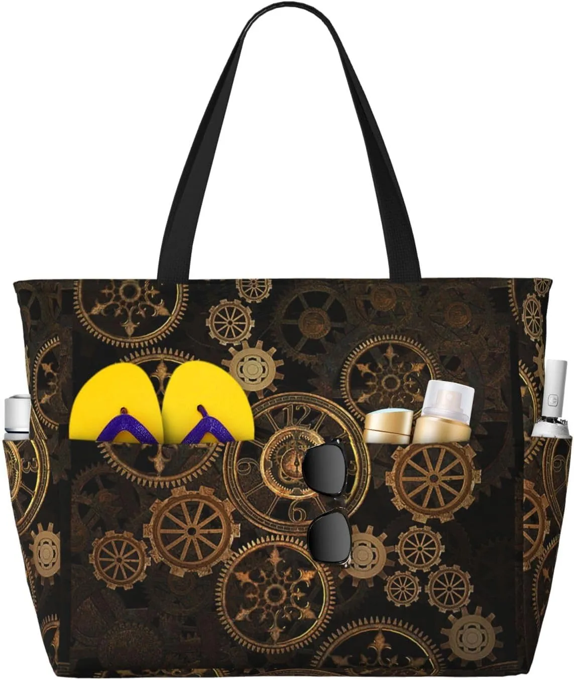 Gears Clock Bronze Century Print Large Capacity Tote Bags Waterproof Sandproof Beach Gym Travel Vacation Picnic