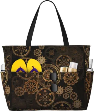 Gears Clock Bronze Century Print Large Capacity Tote Bags Waterproof Sandproof Beach Gym Travel Vacation Picnic