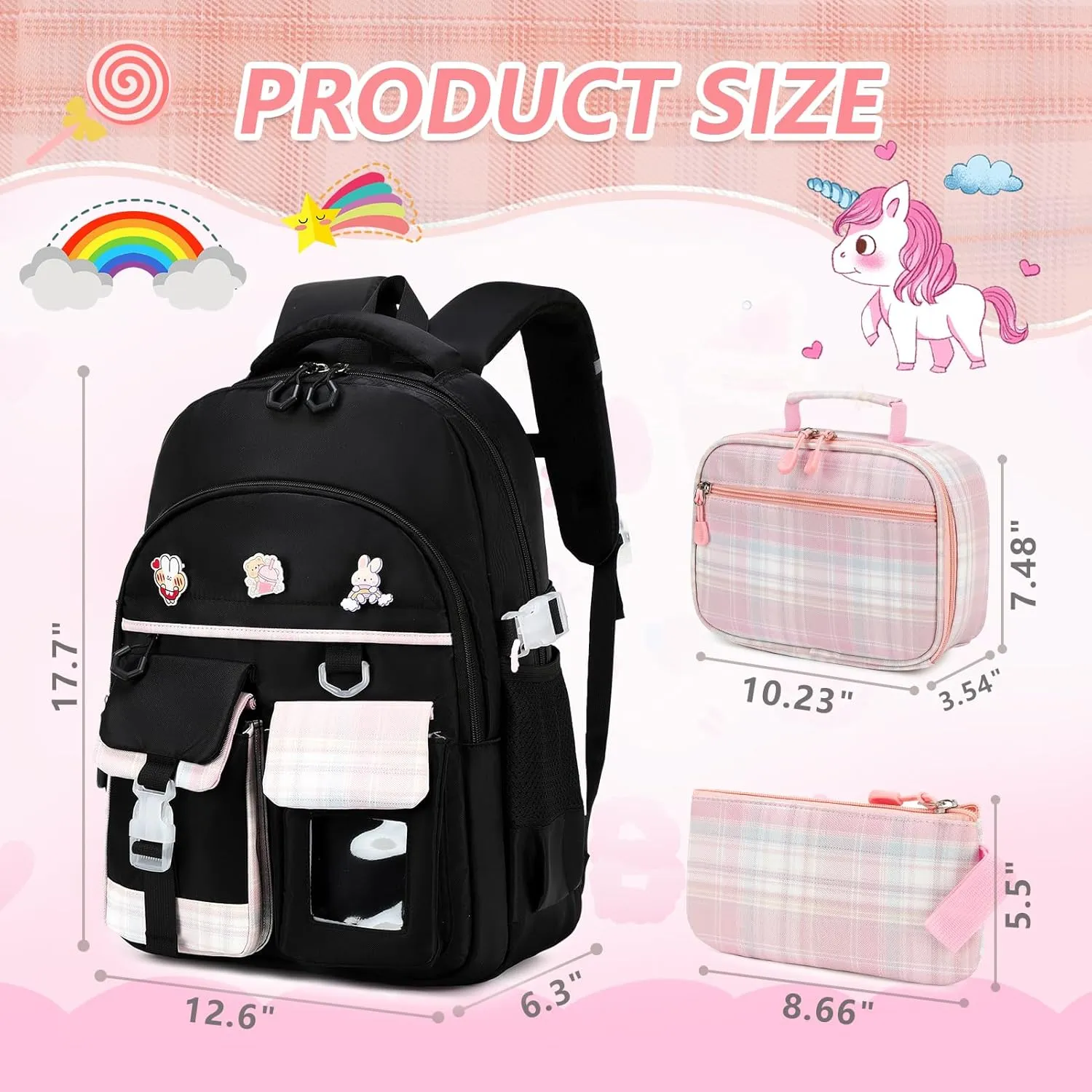 GeeWin School Backpack Set for Teen Girls, Girls Backpack with Matching Insulated Lunch Bag & Pencil Pouch For Kids Elementary Primary Middle School, Cute Waterproof Student Bookbag Daypack (Black)