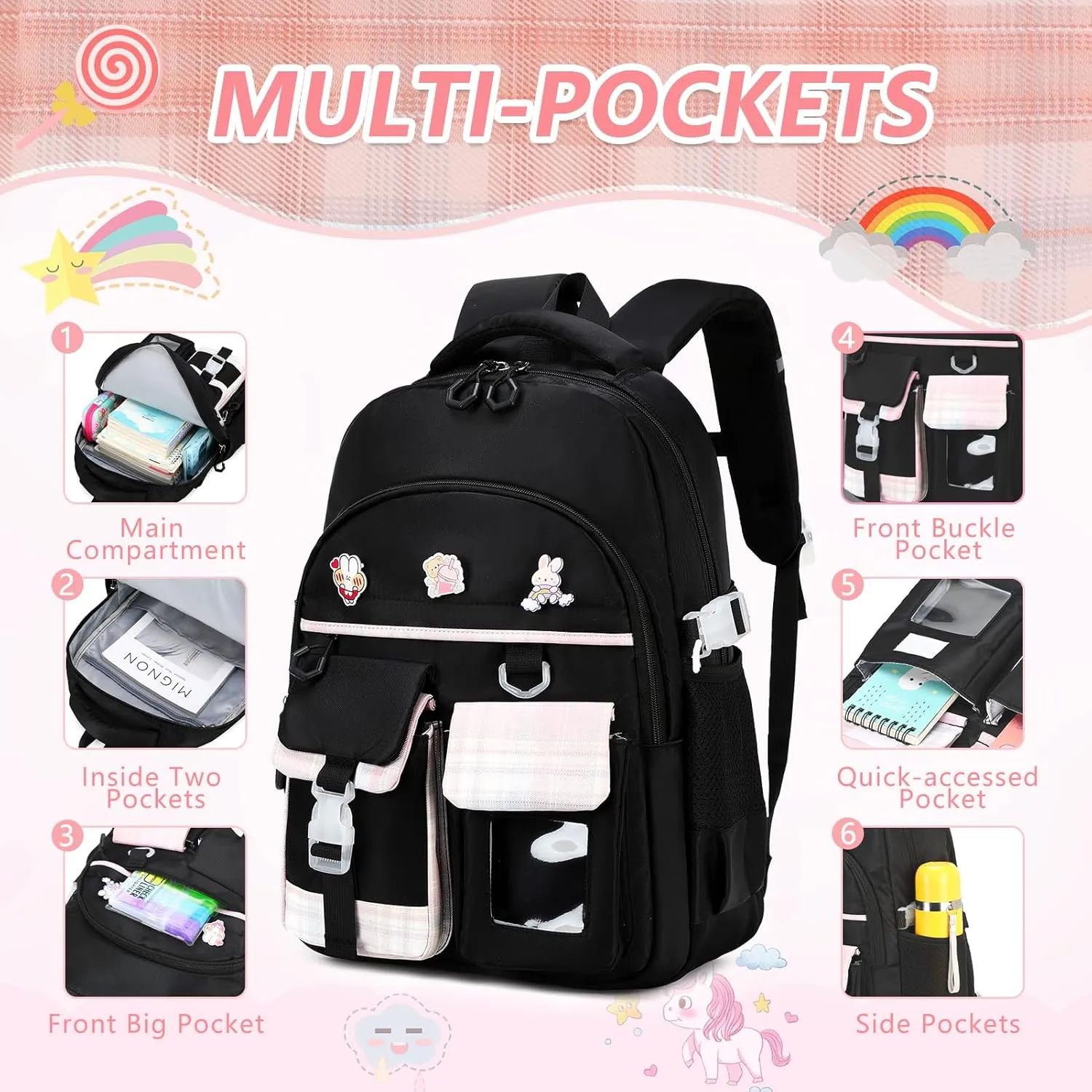 GeeWin School Backpack Set for Teen Girls, Girls Backpack with Matching Insulated Lunch Bag & Pencil Pouch For Kids Elementary Primary Middle School, Cute Waterproof Student Bookbag Daypack (Black)