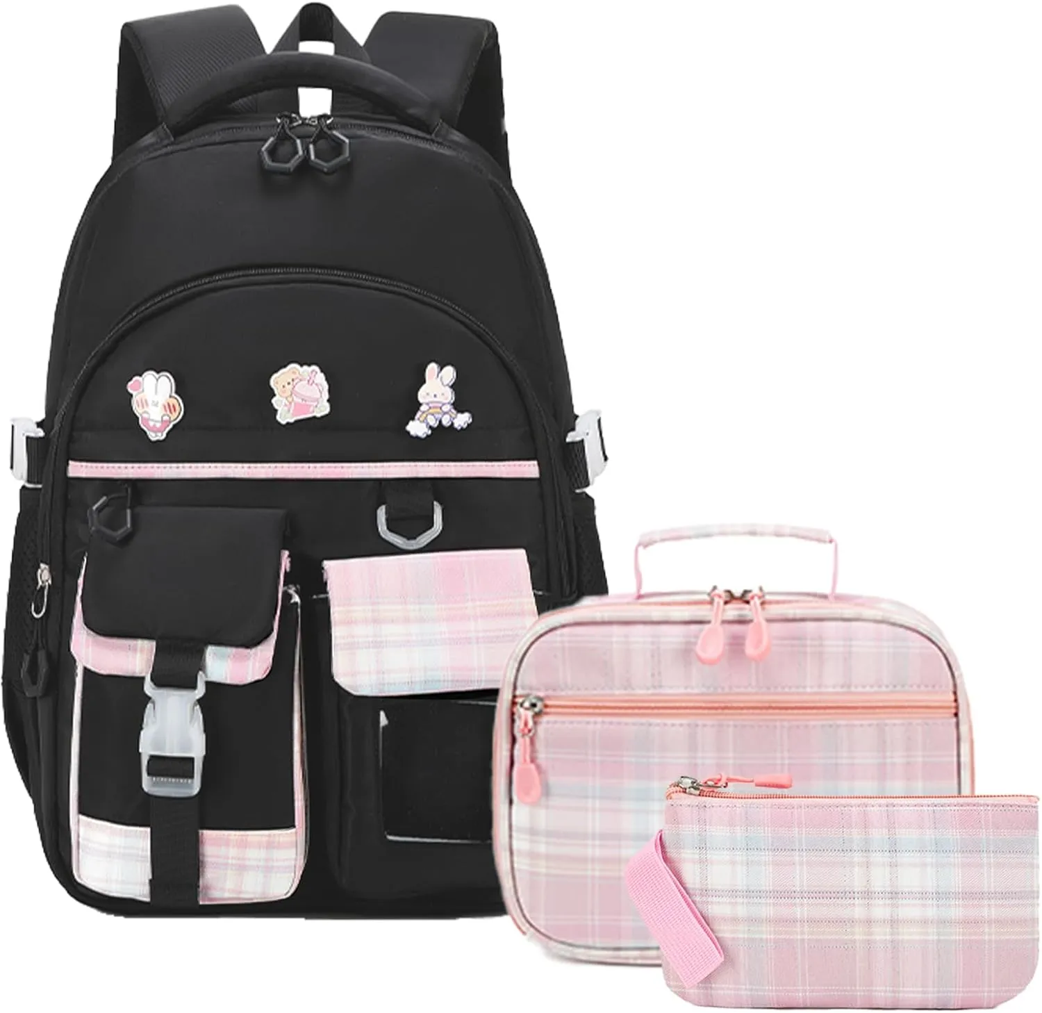 GeeWin School Backpack Set for Teen Girls, Girls Backpack with Matching Insulated Lunch Bag & Pencil Pouch For Kids Elementary Primary Middle School, Cute Waterproof Student Bookbag Daypack (Black)