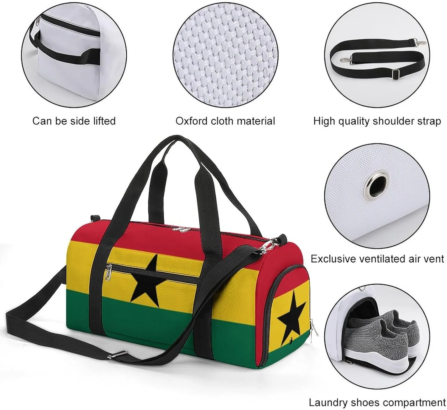 Ghana Flag Travel Gym Bag Waterproof Weekender with Shoe Compartment and Wet Pocket