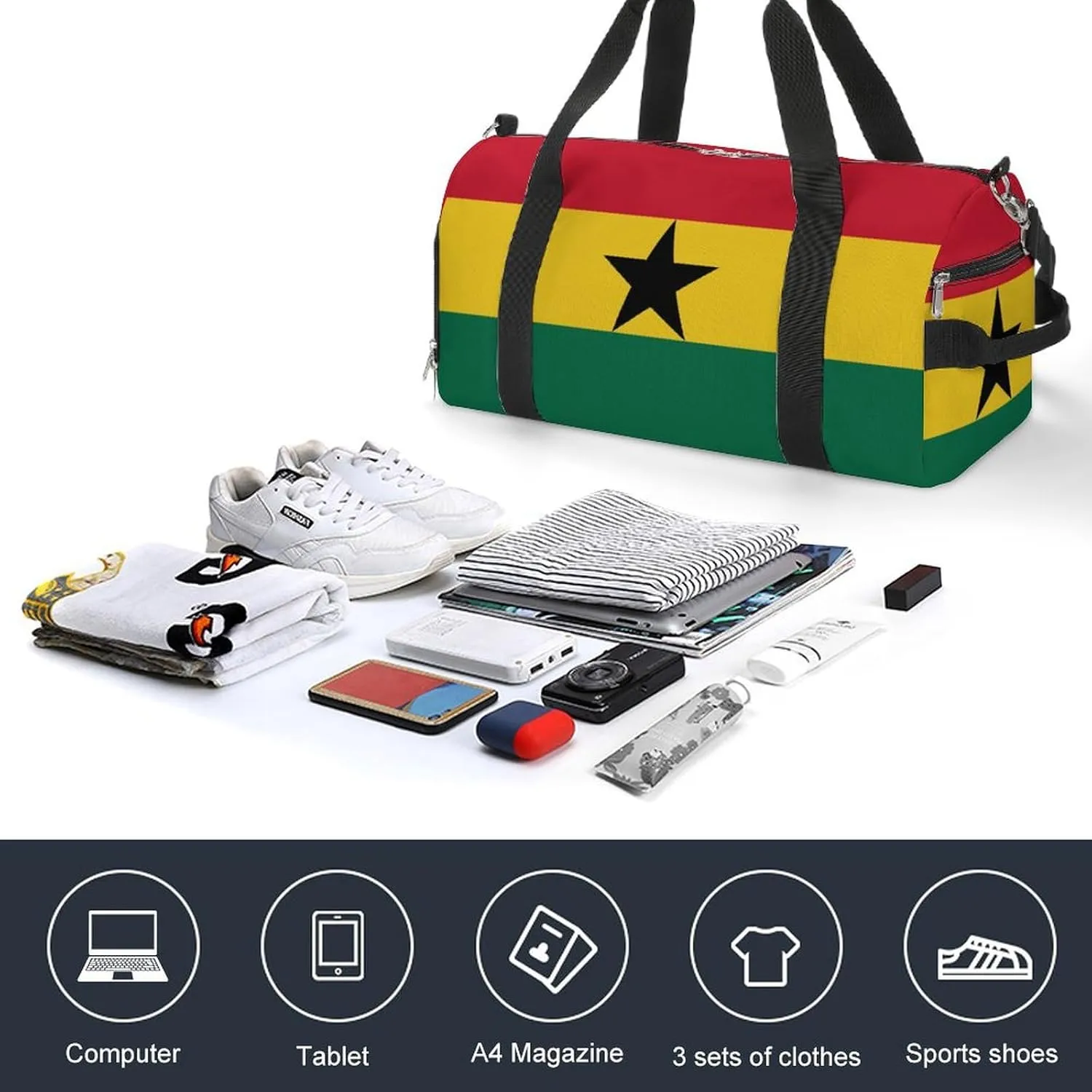 Ghana Flag Travel Gym Bag Waterproof Weekender with Shoe Compartment and Wet Pocket
