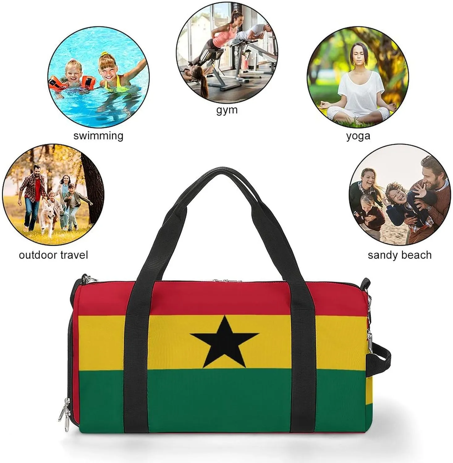 Ghana Flag Travel Gym Bag Waterproof Weekender with Shoe Compartment and Wet Pocket