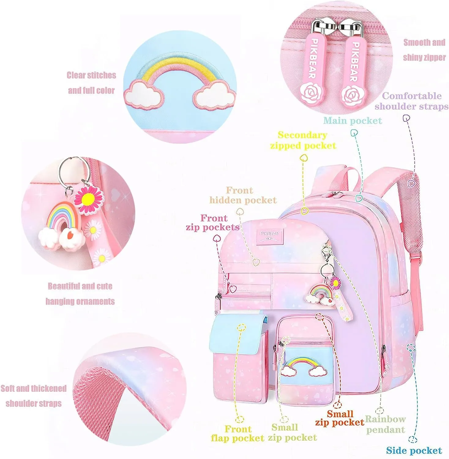 Girl Backpack for School Kids, Pink Cute Bookbag with Lunch Box Rainbow Elementary School Bag Pencil Case (Pink,3Pcs Set)