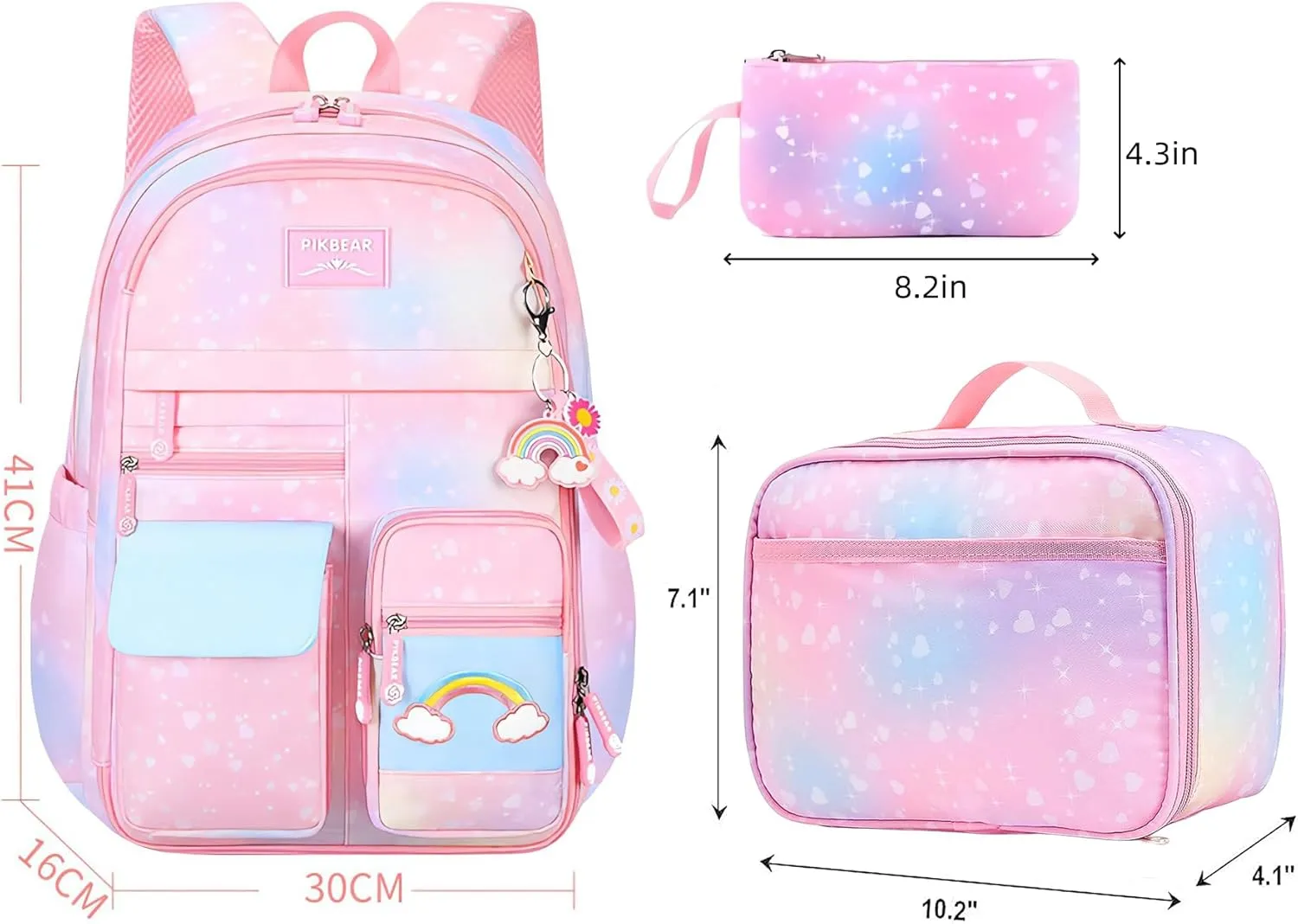 Girl Backpack for School Kids, Pink Cute Bookbag with Lunch Box Rainbow Elementary School Bag Pencil Case (Pink,3Pcs Set)