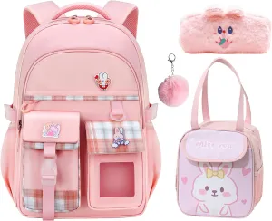 Girl Backpack for School Kids, Pink Cute Bookbag with Lunch Box Rainbow Elementary School Bag Pencil Case (Pink,3Pcs Set)