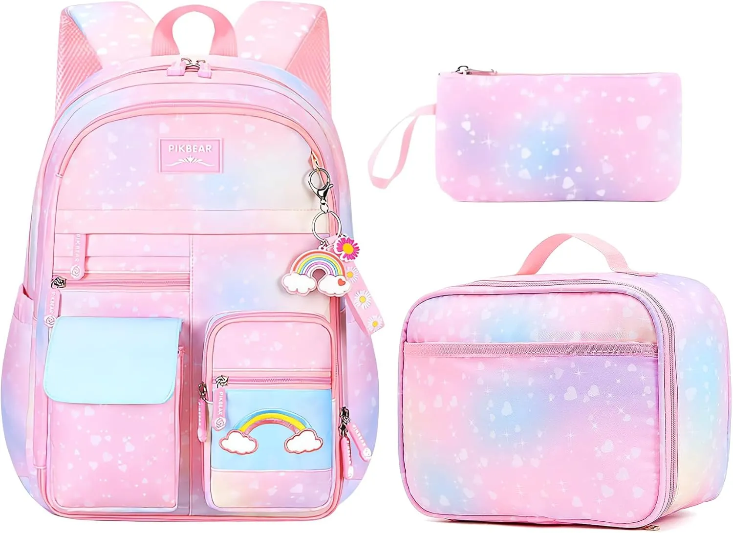 Girl Backpack for School Kids, Pink Cute Bookbag with Lunch Box Rainbow Elementary School Bag Pencil Case (Pink,3Pcs Set)