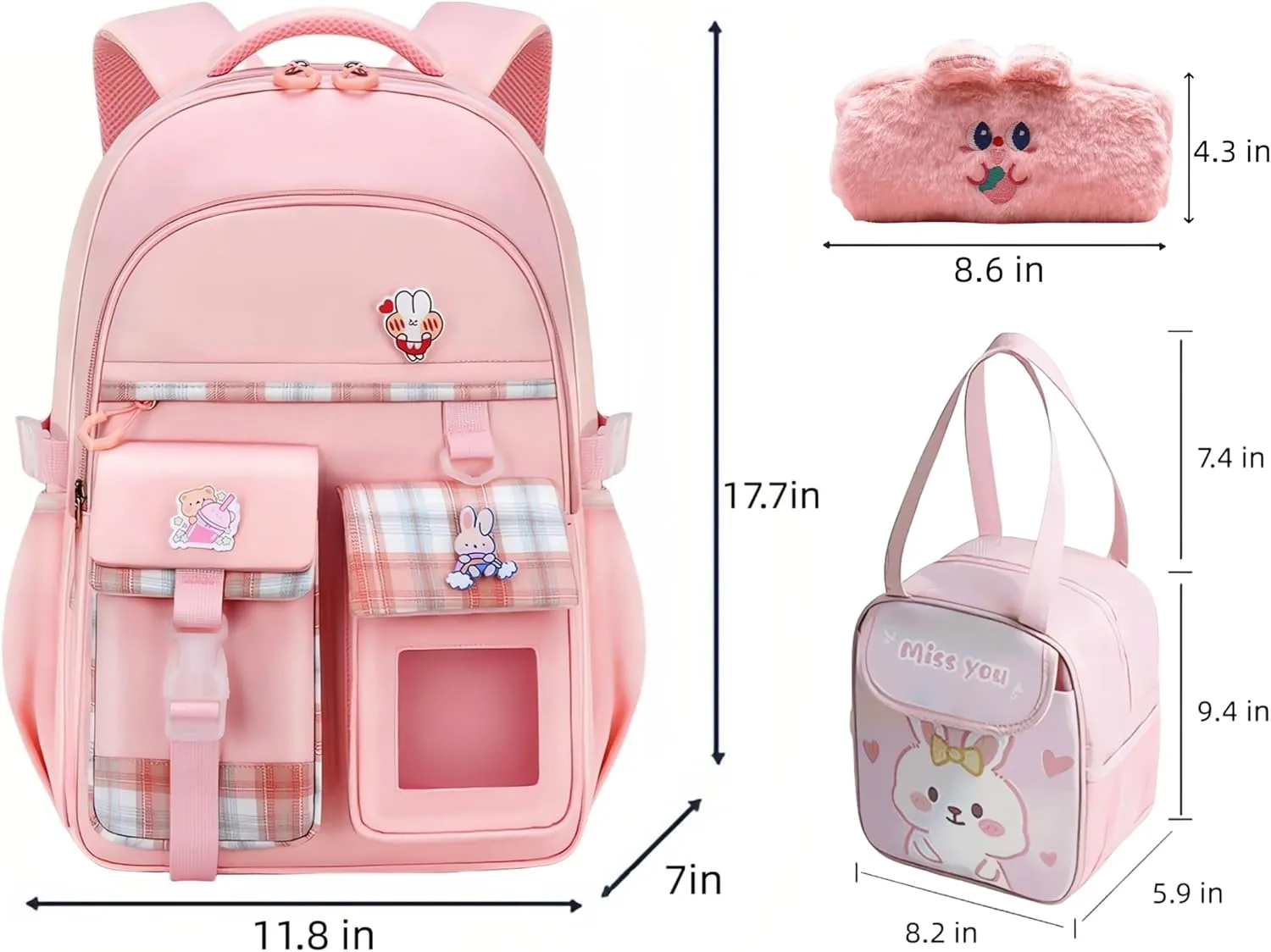 Girl Backpack for School Kids, Pink Cute Bookbag with Lunch Box Rainbow Elementary School Bag Pencil Case (Pink,3Pcs Set)