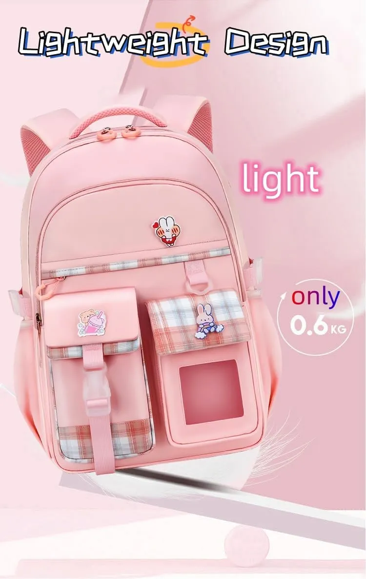 Girl Backpack for School Kids, Pink Cute Bookbag with Lunch Box Rainbow Elementary School Bag Pencil Case (Pink,3Pcs Set)