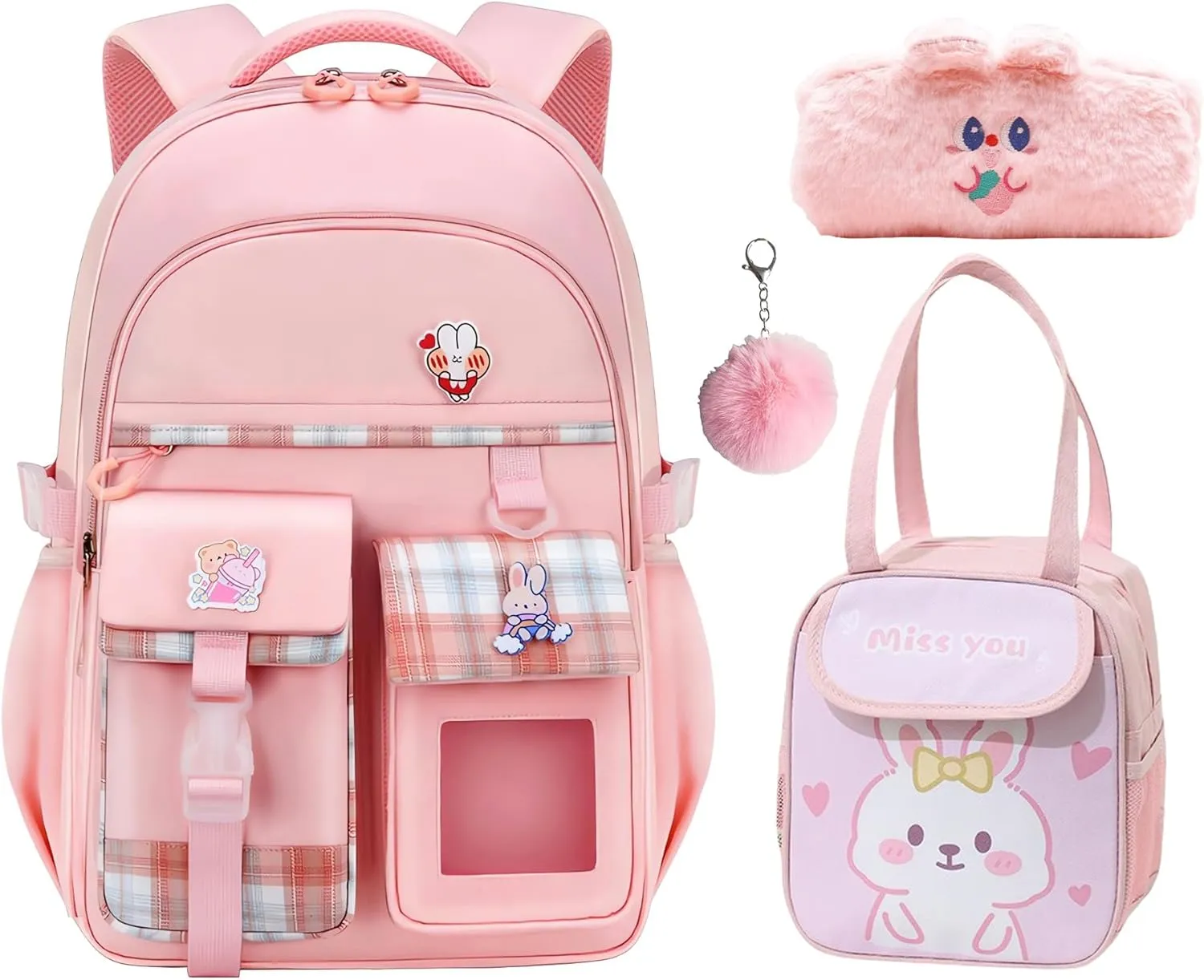 Girl Backpack for School Kids, Pink Cute Bookbag with Lunch Box Rainbow Elementary School Bag Pencil Case (Pink,3Pcs Set)