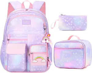 Girl Backpack for School Kids, Pink Cute Bookbag with Lunch Box Rainbow Elementary School Bag Pencil Case (Purple,3Pcs Set)