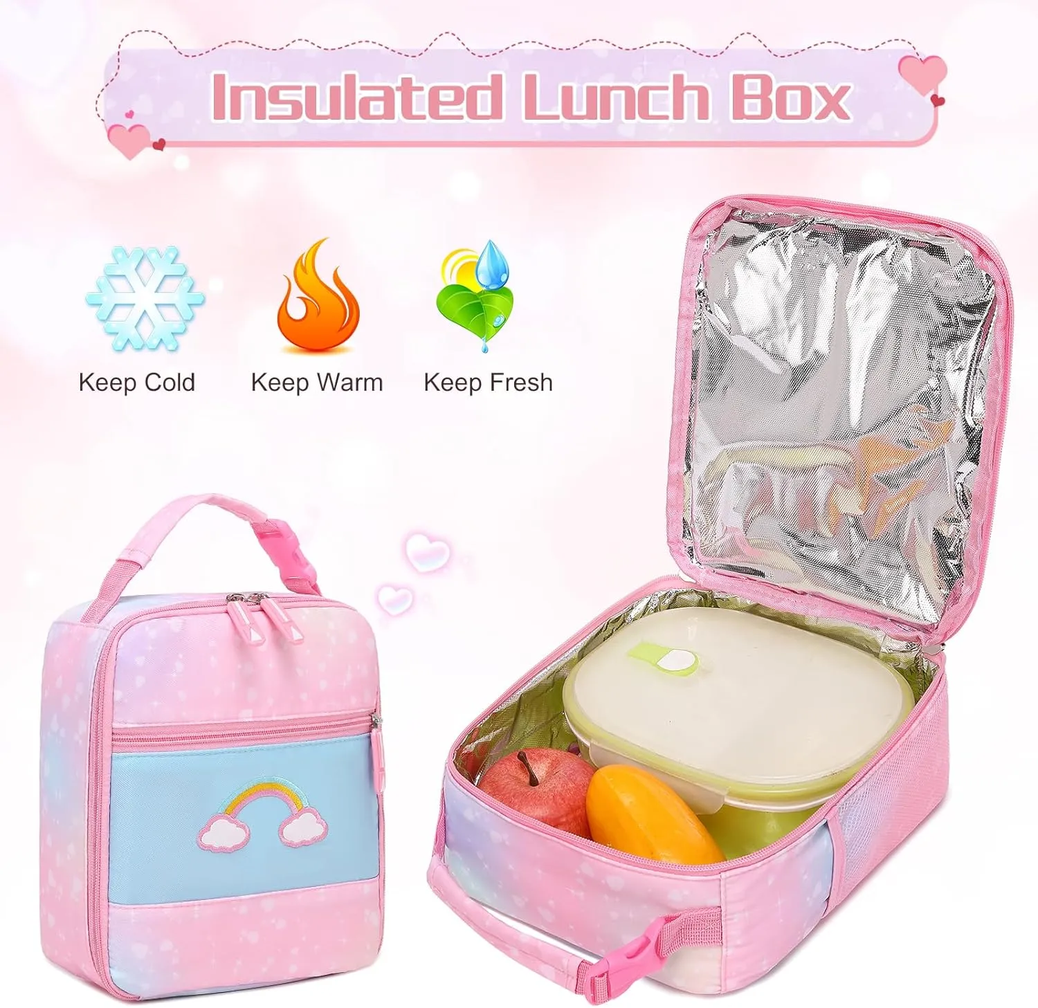 Girls Backpack, Cute Rainbow School Backpack for Girls with Insulated Lunch Box Pen Case Set, Kids Backpack Kindergarten Elementary Middle School Book Bag for Teen Girls Children Students