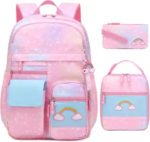 Girls Backpack, Cute Rainbow School Backpack for Girls with Insulated Lunch Box Pen Case Set, Kids Backpack Kindergarten Elementary Middle School Book Bag for Teen Girls Children Students