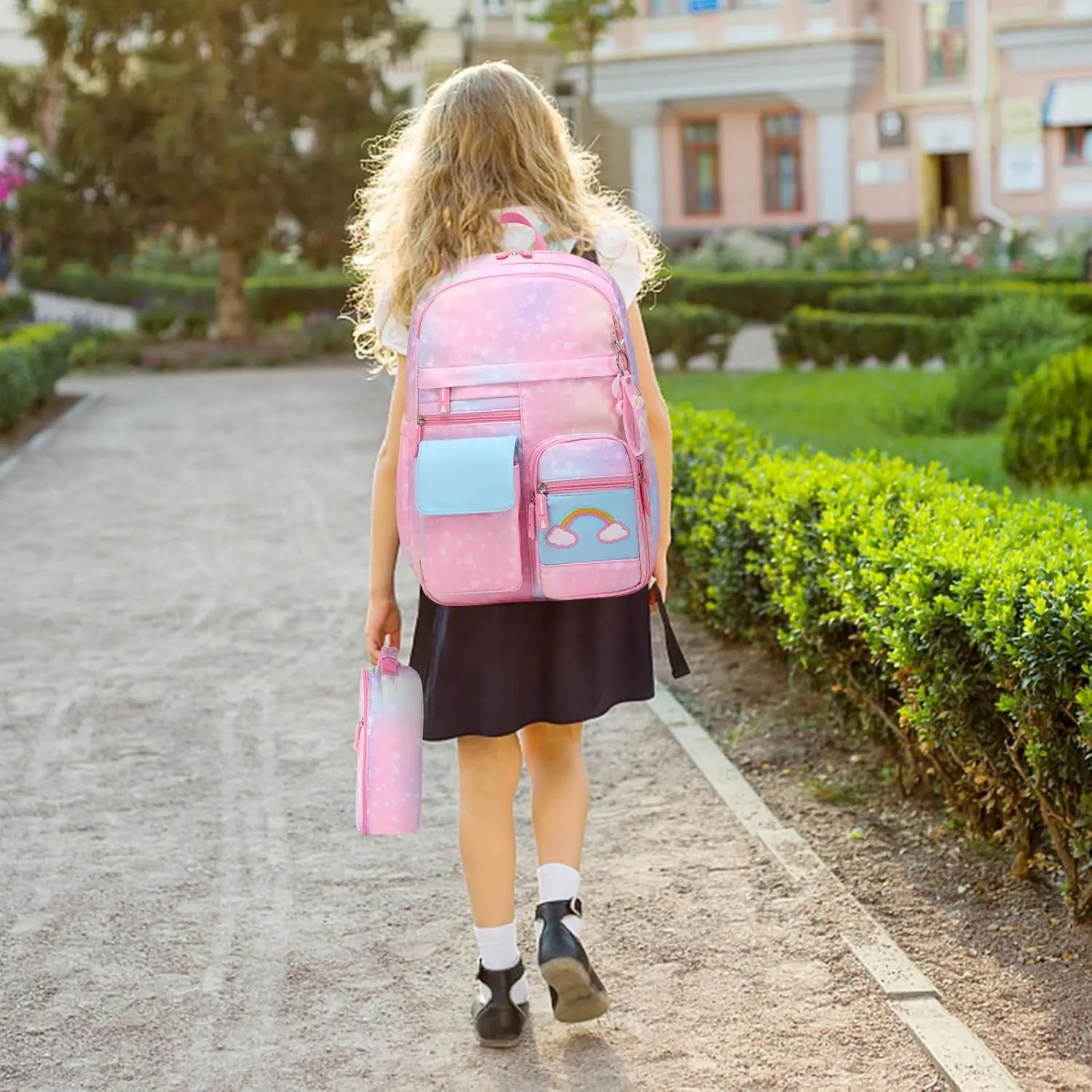 Girls Backpack, Cute Rainbow School Backpack for Girls with Insulated Lunch Box Pen Case Set, Kids Backpack Kindergarten Elementary Middle School Book Bag for Teen Girls Children Students